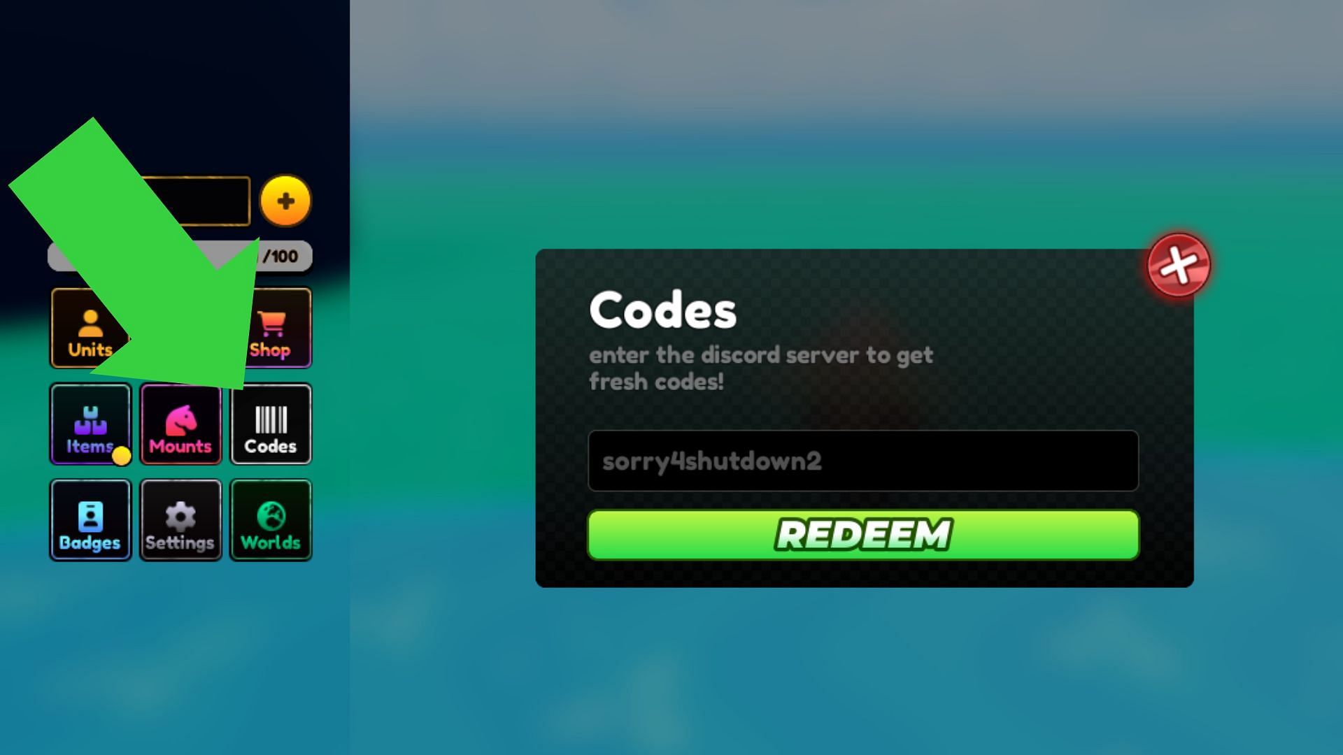 The Codes tab is next to the Mounts tab (Image via Roblox)